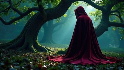 Tattered velvet cloak draped over ancient oak branch, academia, night