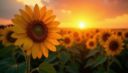 Fototapeta premium The warm glow of sunset dances across sunflower petals, sunset, nature