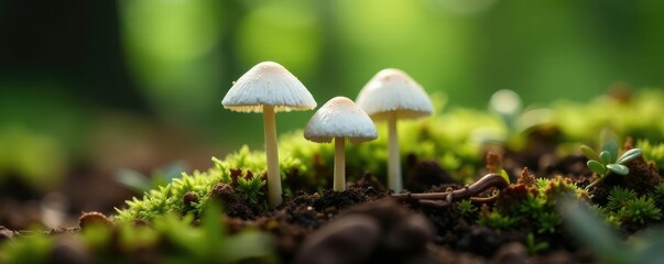 Fototapeta premium Tiny white mushrooms sprouting from the soil like tiny stars in the forest ground, forest life, wild, woods