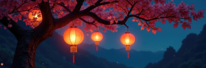 Tree with glowing lanterns hanging from branches, stars, good fortune