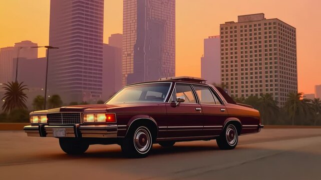 Expesive retro car in 70s style on the urban street with orange sky