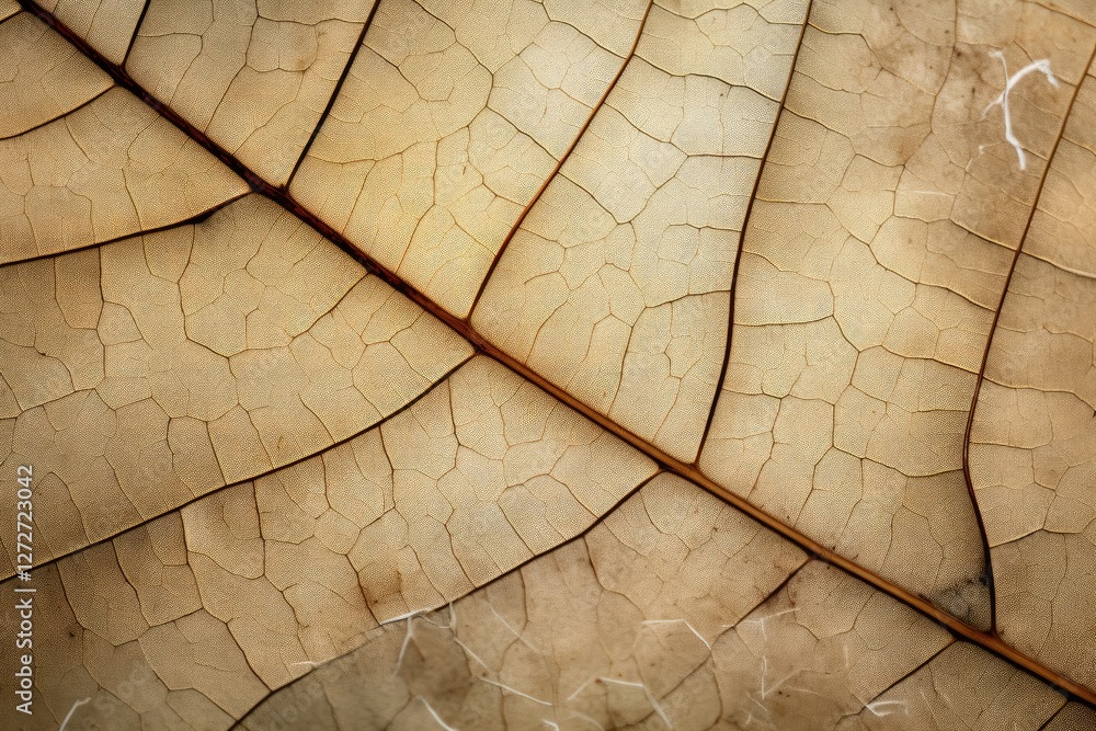 Poster detailed macro view of dried autumn leaf veins and texture. natural brown pattern background for bot