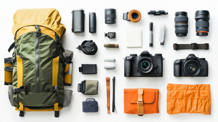 An array of travel accessories neatly arranged includes a vibrant backpack, cameras, and essential gear for exploring the world. Perfect for adventurous spirits planning their next trip