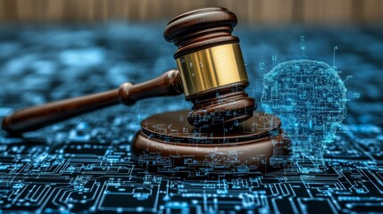 AI Law Gavel and Digital Brain on Circuit Board