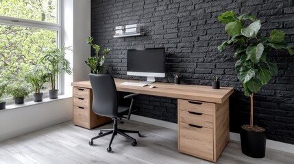Fototapeta premium Modern home office workspace featuring a wooden desk, black chair, and computer monitor against a dark brick wall.