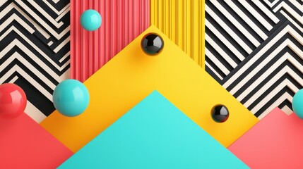 A colorful geometric design featuring vibrant shapes and contrasting patterns, blending smooth spheres and angular forms.