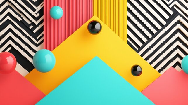 A colorful geometric design featuring vibrant shapes and contrasting patterns, blending smooth spheres and angular forms.