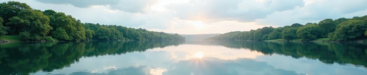 Fototapeta premium Water surface with reflection of sky and trees, sky, peaceful, scenery