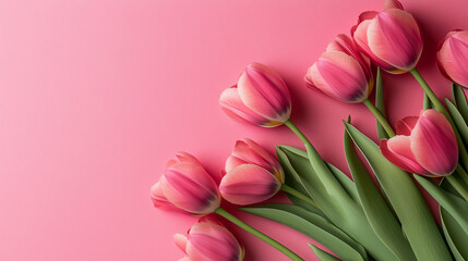 Fototapeta premium Beautiful composition spring flowers. Bouquet of pink tulips flowers on pastel pink background. Valentine's Day, Easter, Birthday, Happy Women's Day, Mother's Day. Flat lay, top view, copy space