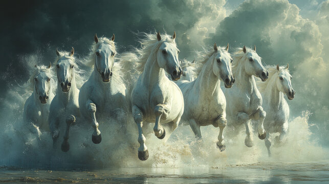 Seven white horses gallop powerfully through water under dramatic skies.Seven horses of successful