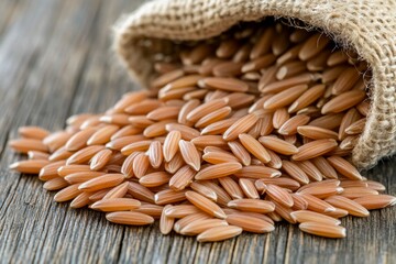 A close-up of uncooked basmati rice grains spilling from a burlap sack onto a wooden surface