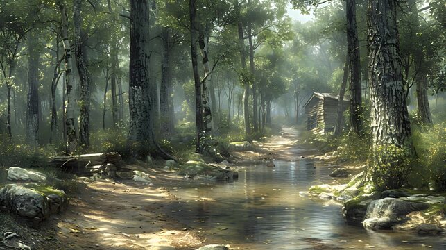 Tranquil Forest Path Leads to a Rustic Cabin