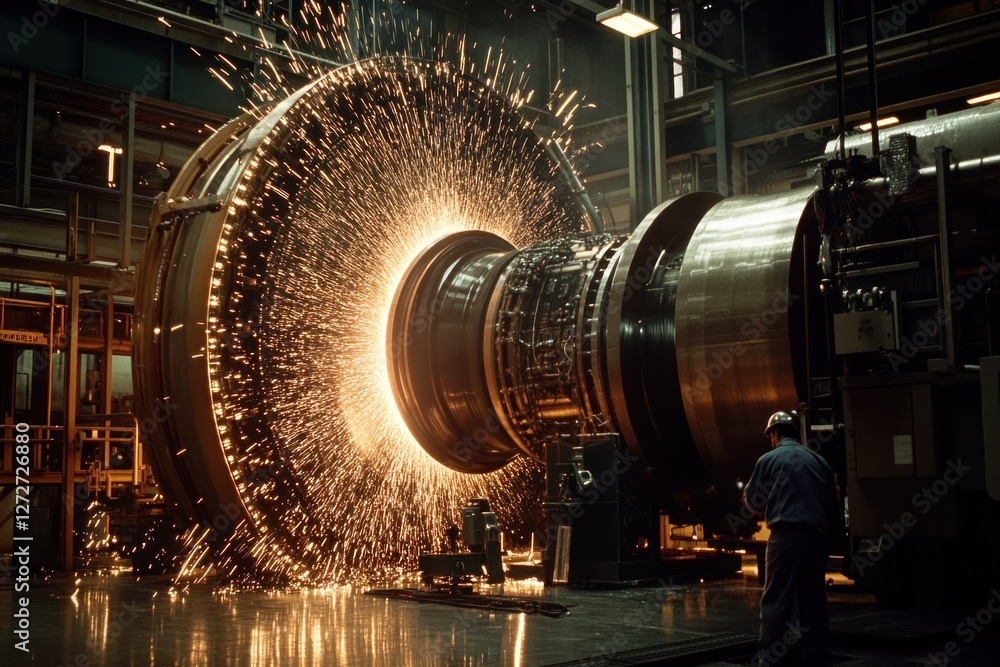 Poster worker operating turbine with sparks in factory