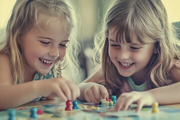 Fototapeta premium A joyful scene of two young sisters sharing a board game afternoon, with the game pieces scattered around and both girls focused on the next move.