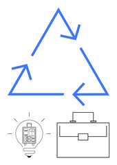 Blue recycling triangle, lightbulb with electrical circuits, and a simple briefcase design. Ideal for sustainability, innovation, eco-business, green technology, circular economy, entrepreneurship