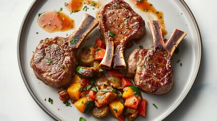 Plate of roasted lamb chops arranged neatly ratatouille and a drizzle of sauce for a clean topdown view