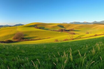 Fototapeta premium Vast Green Hills Under Clear Blue Sky at Sunrise