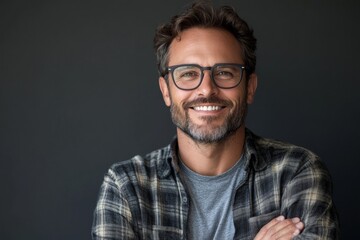 Obraz premium Smiling handsome man wearing glasses studio portrait photography