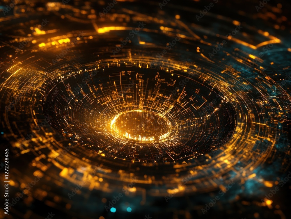 Poster abstract digital vortex with glowing circuitry patterns, evoking technology and innovation