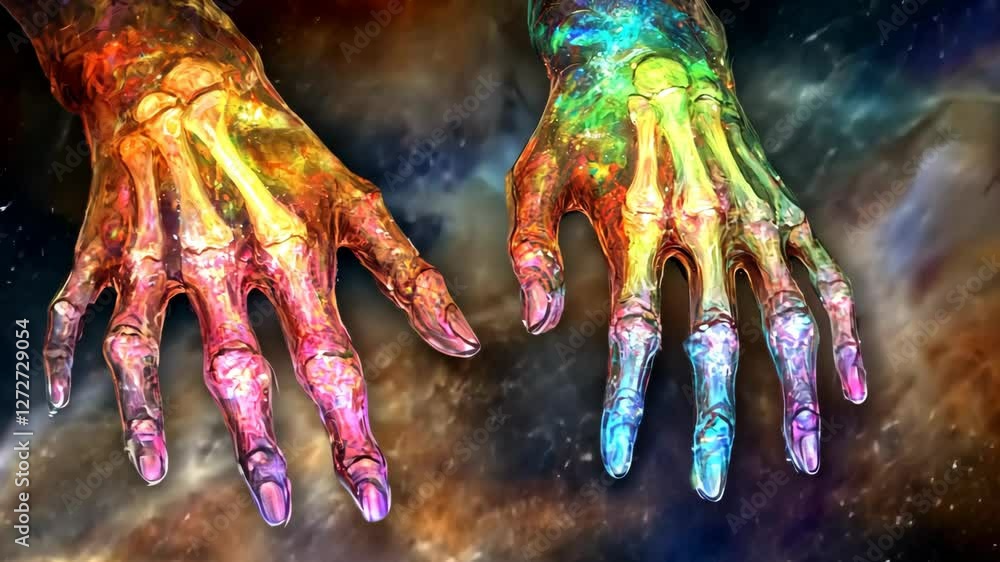 Aufkleber colorful cosmic hands reaching towards the universe and exploring the wonders of space in a vibrant 