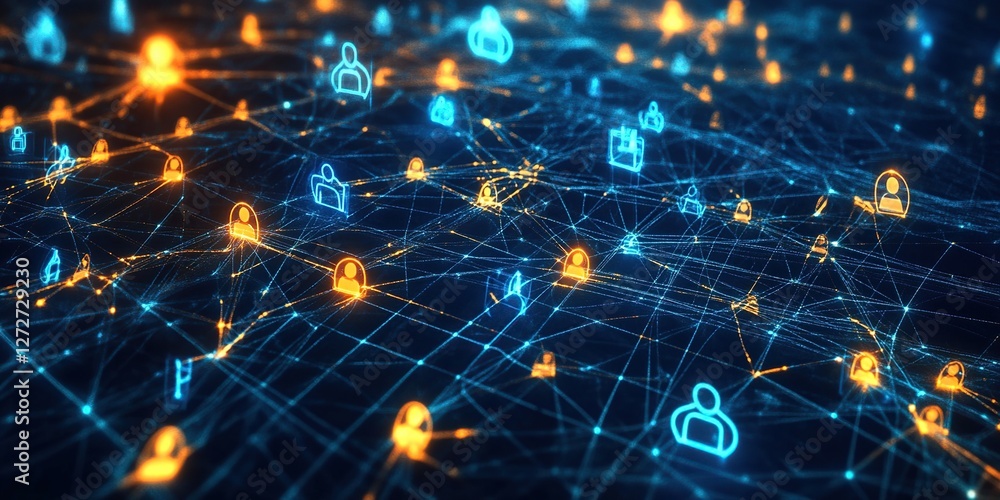 Poster visualizing network connections: nodes and links illustrate complex interconnections globally