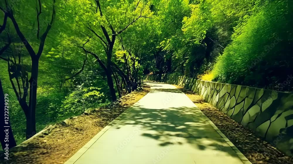 Poster scenic pathway surrounded by lush greenery in a tranquil forest setting during daylight hours