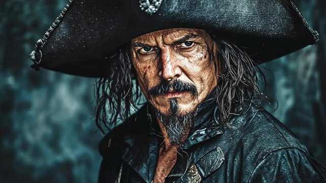 Portrait of a fierce pirate with weathered features and an iconic hat, highlighting determination and strength in a dramatic setting
