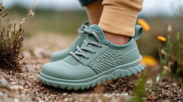 A close-up of a flexible children's shoe being gently bent to test comfort