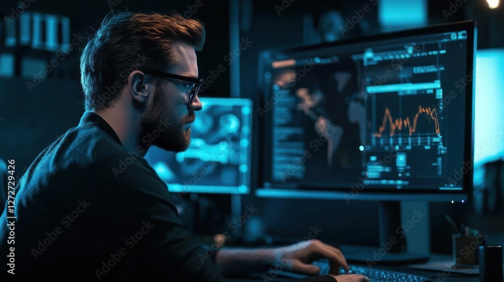 Poster data analyst analyzing graphs in modern office space