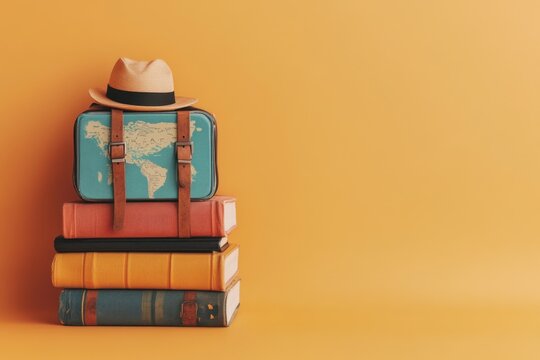 Stacked books and a map adorned suitcase with a hat
