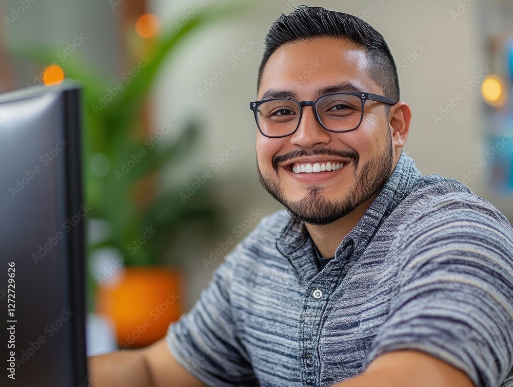 Aufkleber smiling man working at computer in modern office