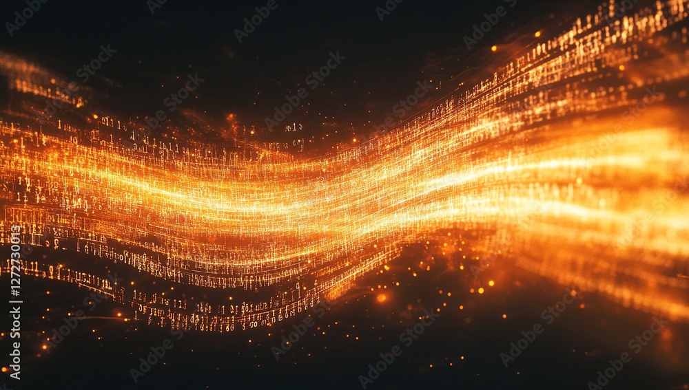 Poster data streams flowing dynamically across the digital landscape in abstract orange hues