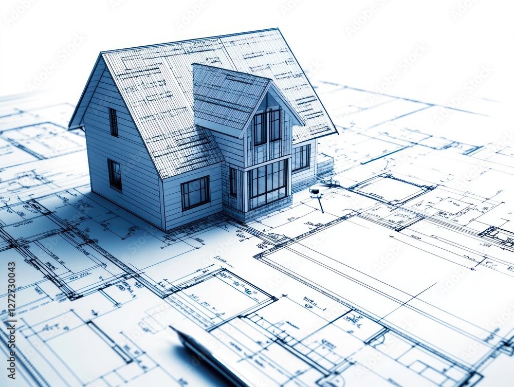 Poster architectural model on blueprints with design details