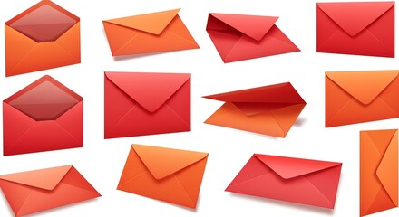 Bright red and orange envelopes arranged on white background