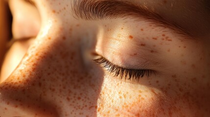 Naklejka premium Close-up of a freckled face with closed eyes