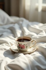 Aromatic Morning Brew on Soft White Bedding A Cozy Start to the Day