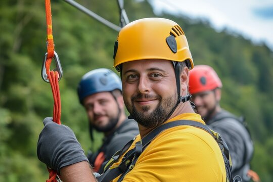 A group of adventure seekers zip-lining through the jungle, experiencing an adrenaline rush