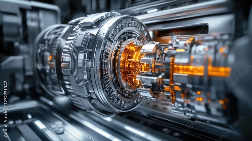 Poster futuristic mechanical engine with intricate details and glowing components in a high-tech environmen
