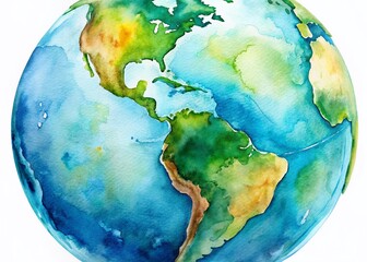 Fototapeta premium Watercolor Globe: North & Latin America, Blue & Green Earth Map