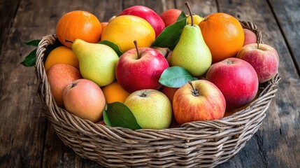 A rustic basket filled with an assortment of apples, pears, and oranges