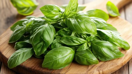 A rustic cutting board with freshly chopped parsley, basil, and cilantro