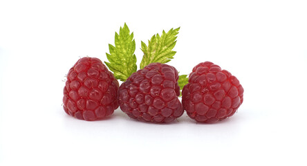 Fresh Ripe Red Raspberries with Green Leaves on a White Background
