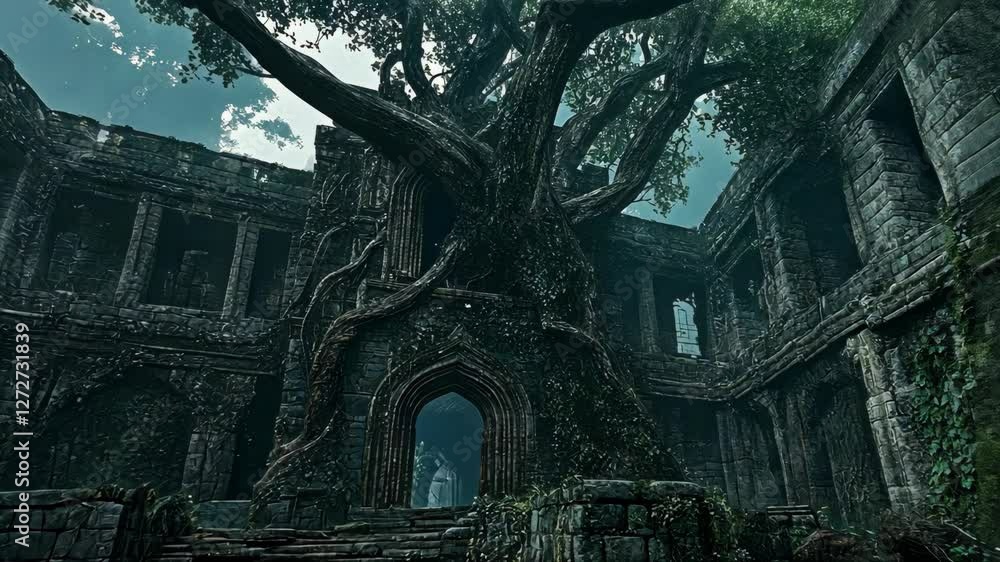 Poster ancient ruins entwined with a massive tree under a cloudy sky in a mysterious forest setting