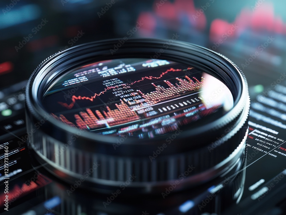 Aufkleber close-up view of a magnifying glass focusing on financial data charts and graphs on a digital screen