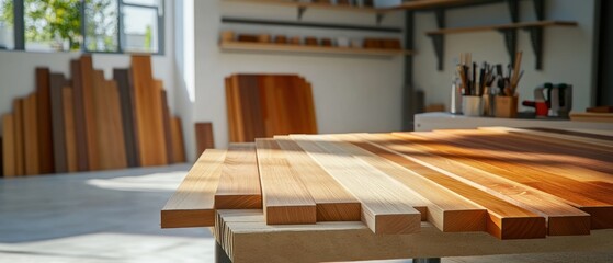 A well-lit woodworking shop showcasing various types of wooden planks on a workbench