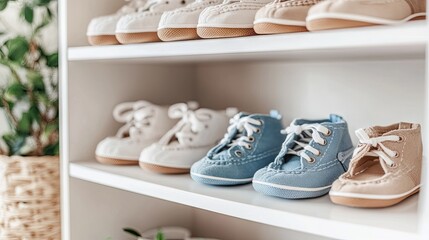 A set of adjustable Velcro baby shoes neatly arranged on a shelf