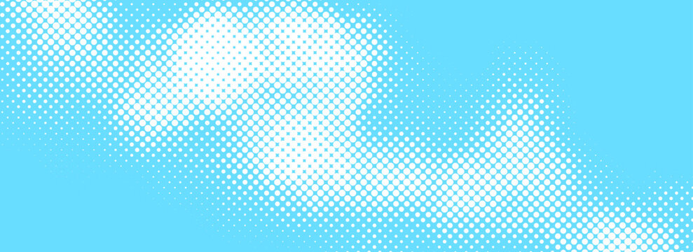 Dotted comic cloud background. Halftone clouds in sky. Pop art heaven wallpaper for banner, brochure, collage, poster, leaflet. Pixelated smoke, fog or smog texture. Vector backdrop