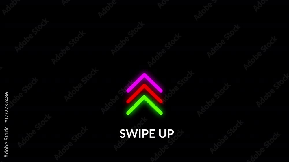 Poster colorful swipe up arrow animation on black background, animated colorful arrow swipe up icon.