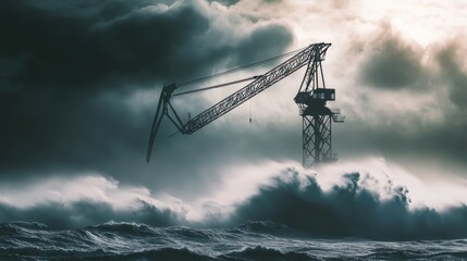 A dramatic silhouette of a towering crane against stormy waves, with dark clouds swirling overhead, creating an electrifying scene.