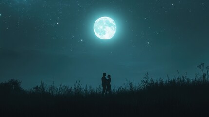 Fototapeta premium A dreamy silhouette of a couple embracing under a glowing full moon, with a clear, starlit sky above